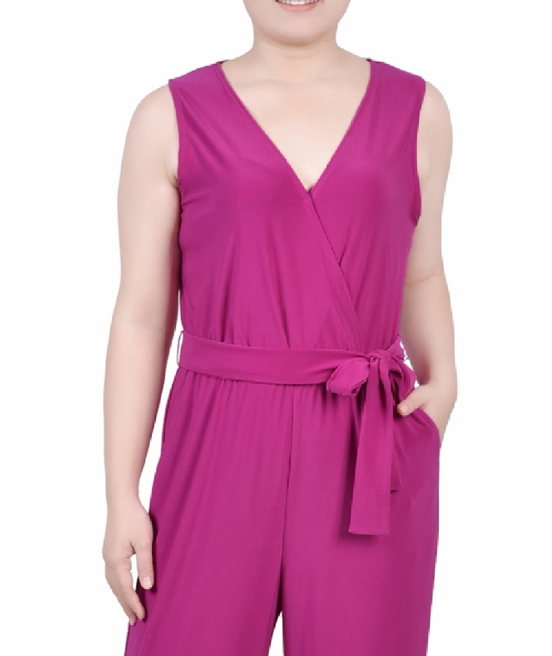 Macacão feminino NY Collection com sobrepeliz e cinto, perna larga, roxo, tamanho pequeno, extragrande