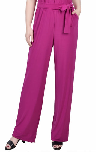 Macacão feminino NY Collection com sobrepeliz e cinto, perna larga, roxo, tamanho pequeno, extragrande