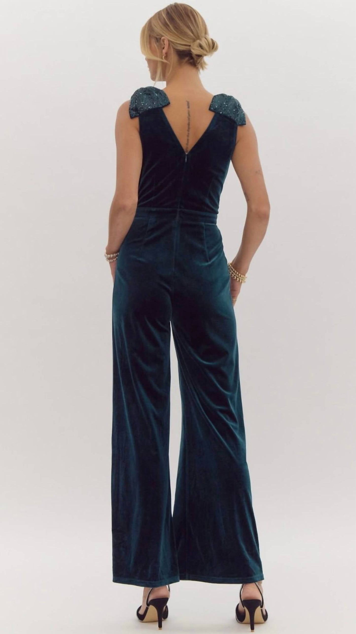 Entro - Velvet Sequin Bow Shoulder Jumpsuit