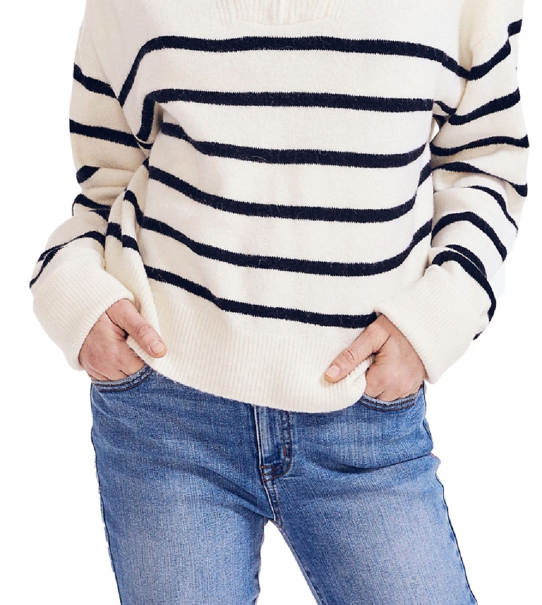 Suéter feminino listrado com zíper de um quarto Nautica, branco, tamanho médio