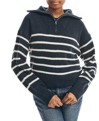 Suéter feminino listrado com zíper de um quarto Nautica, azul, tamanho grande