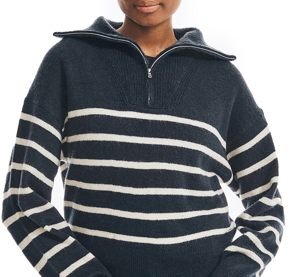 Suéter feminino listrado com zíper de um quarto Nautica, azul, tamanho grande