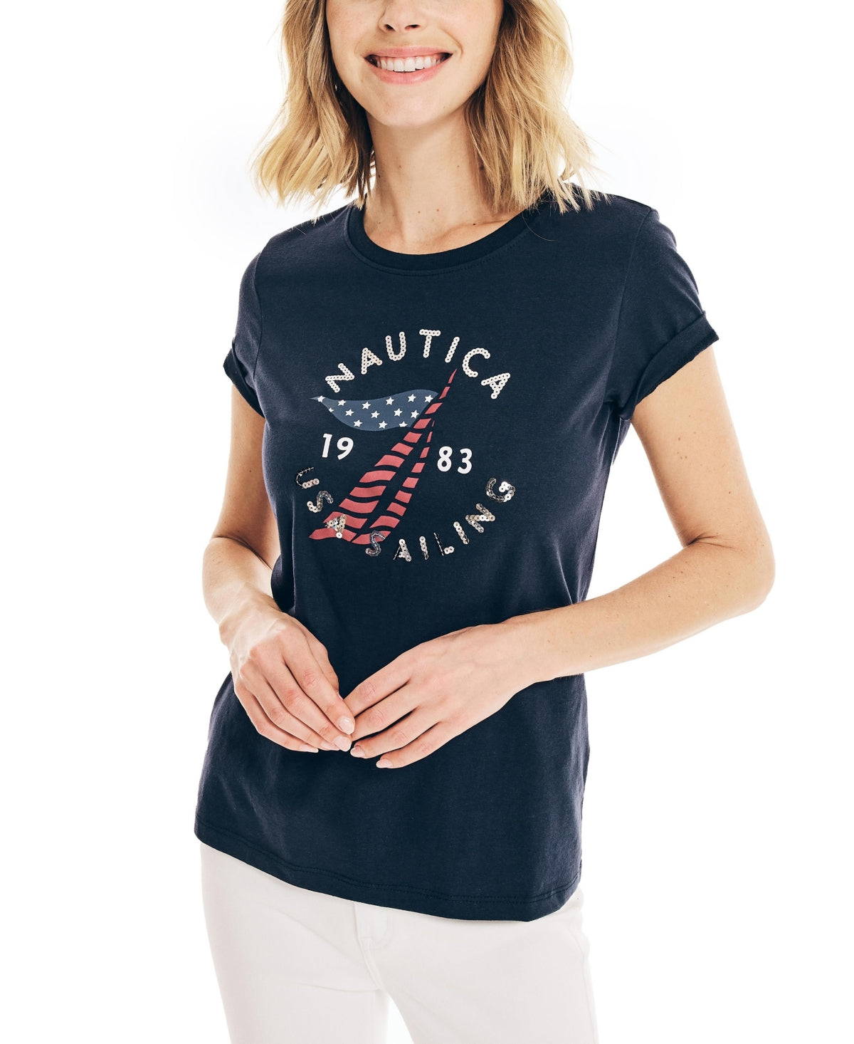 Camiseta feminina Nautica com estampa gráfica, azul, tamanho pequeno