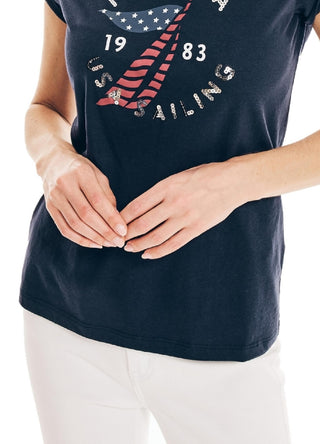Camiseta feminina Nautica com estampa gráfica, azul, tamanho pequeno