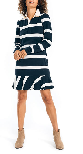 Vestido listrado de manga comprida para rugby feminino Nautica, azul, tamanho extragrande