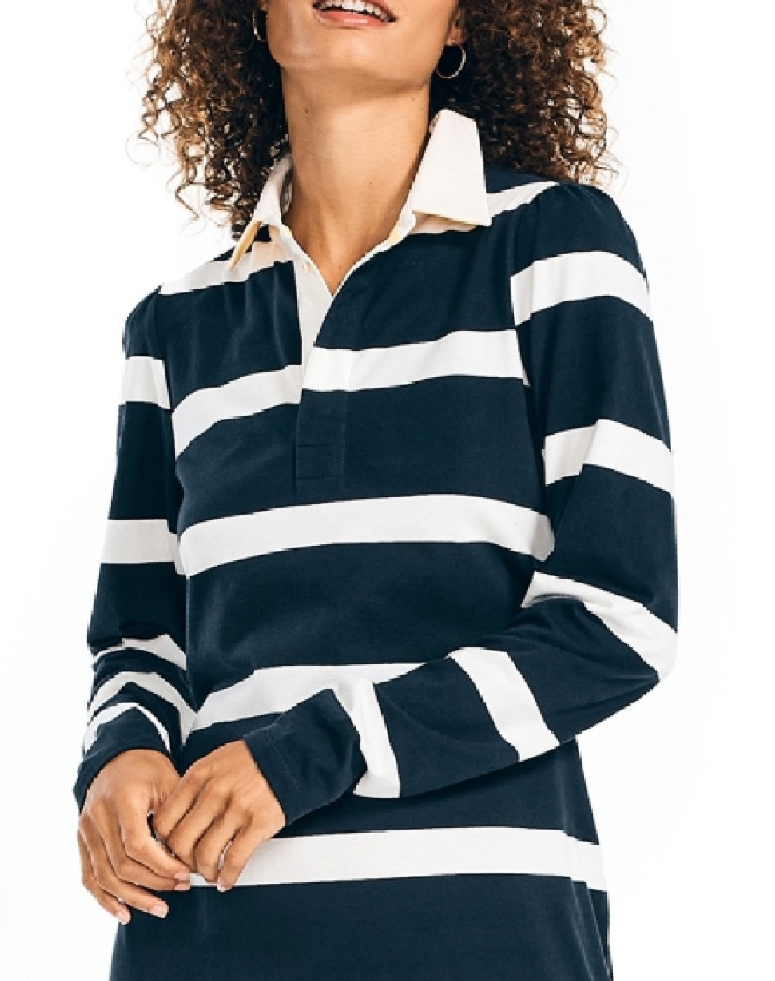 Vestido listrado de manga comprida para rugby feminino Nautica, azul, tamanho extragrande