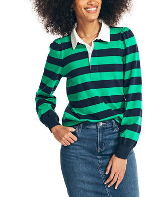 Camiseta de rugby feminina Nautica com manga bufante, verde, tamanho grande