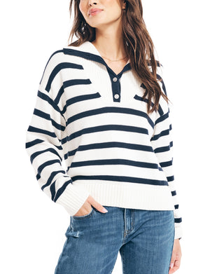 Suéter feminino listrado Nautica com um quarto de botão, branco, tamanho grande
