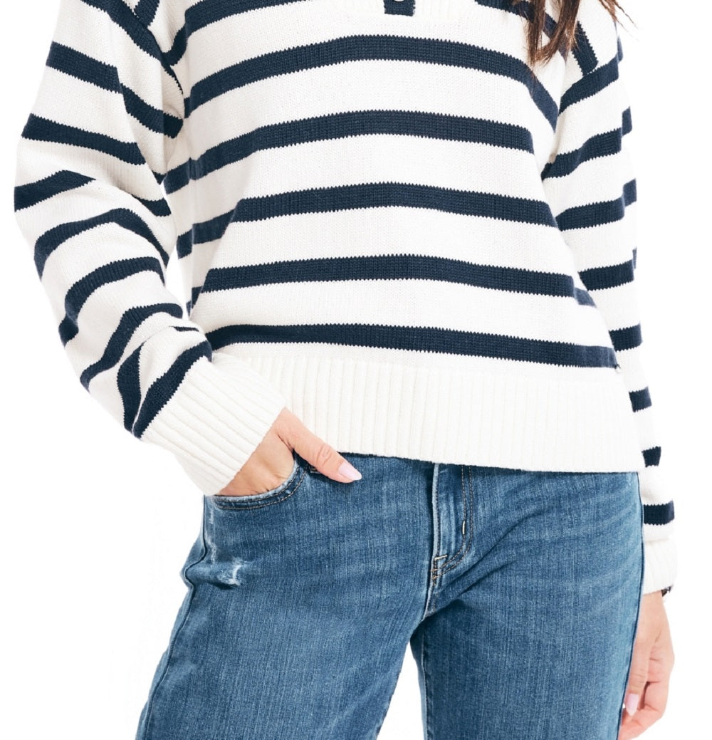 Suéter feminino listrado Nautica com um quarto de botão, branco, tamanho grande