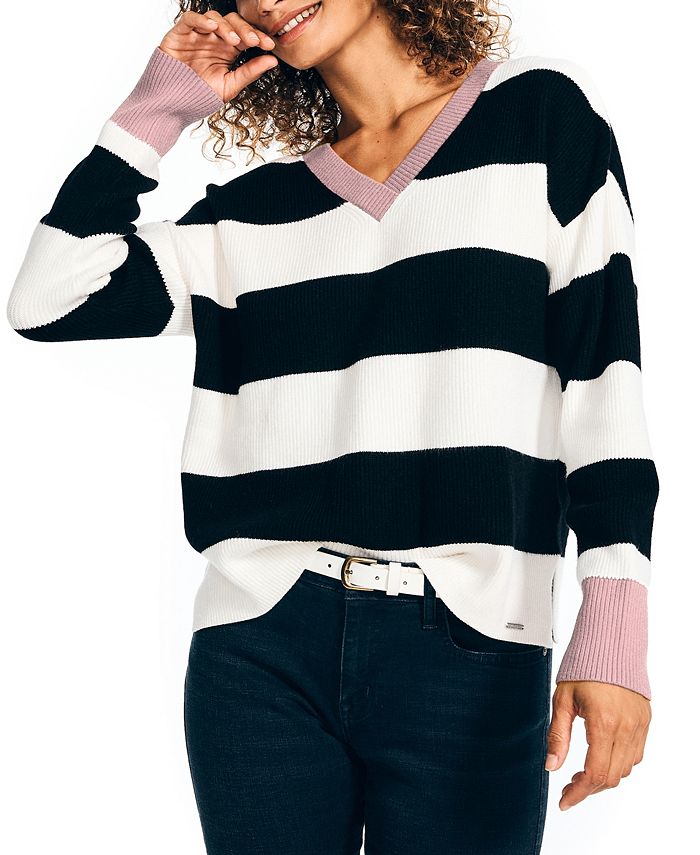 Suéter listrado feminino Nautica com decote em V, preto, tamanho pequeno