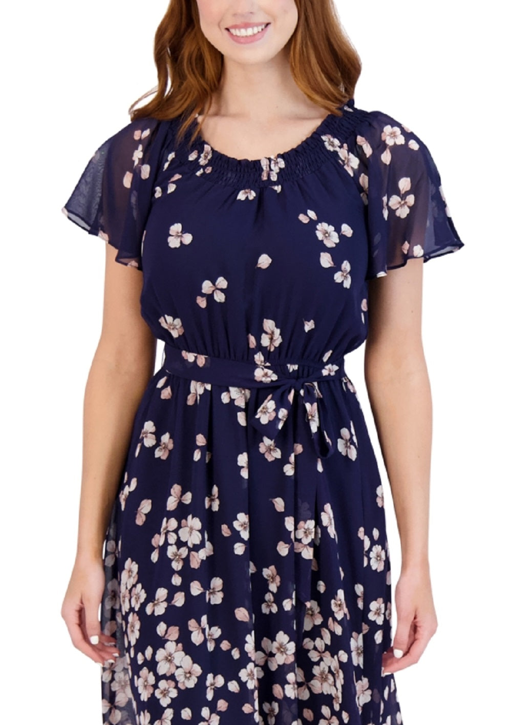 Vestido feminino Sandra Darren com estampa e mangas curtas, azul, tamanho 10