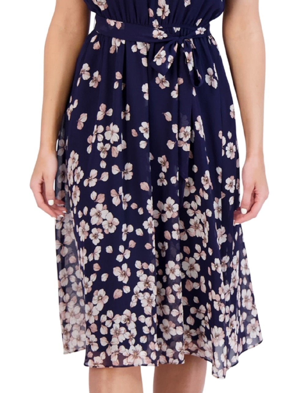 Vestido feminino Sandra Darren com estampa e mangas curtas, azul, tamanho 10