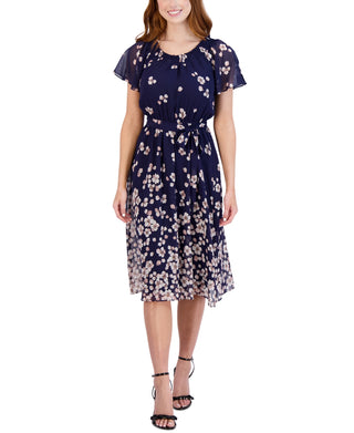 Sandra Darren Women's Printed Flutter Sleeve A Line Dress Blue Size 10