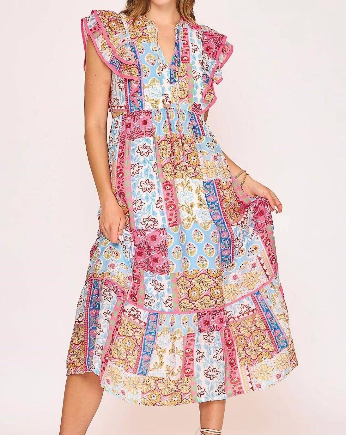 Trendsi - Umgee Full Size Tie Neck Double Layered Ruffle Sleeve Midi Dress Plus Size