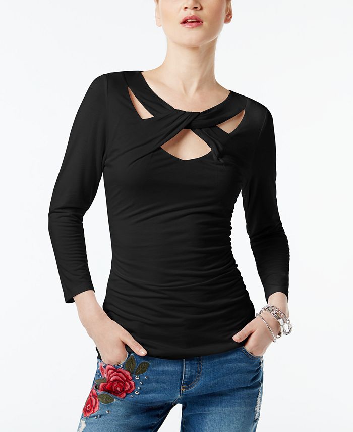 Blusa feminina com frente cruzada e mangas 3/4 da INC International Concepts, preta, tamanho X-S