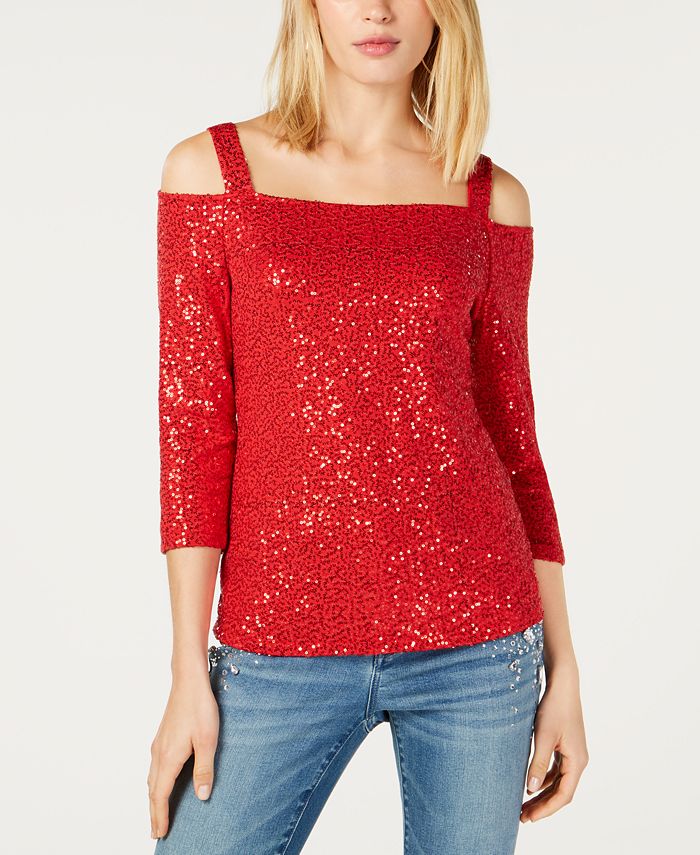 INC International Concepts Top feminino com lantejoulas e ombros descobertos, vermelho, tamanho pequeno, extragrande