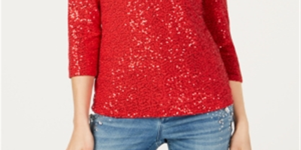 INC International Concepts Top feminino com lantejoulas e ombros descobertos, vermelho, tamanho pequeno, extragrande
