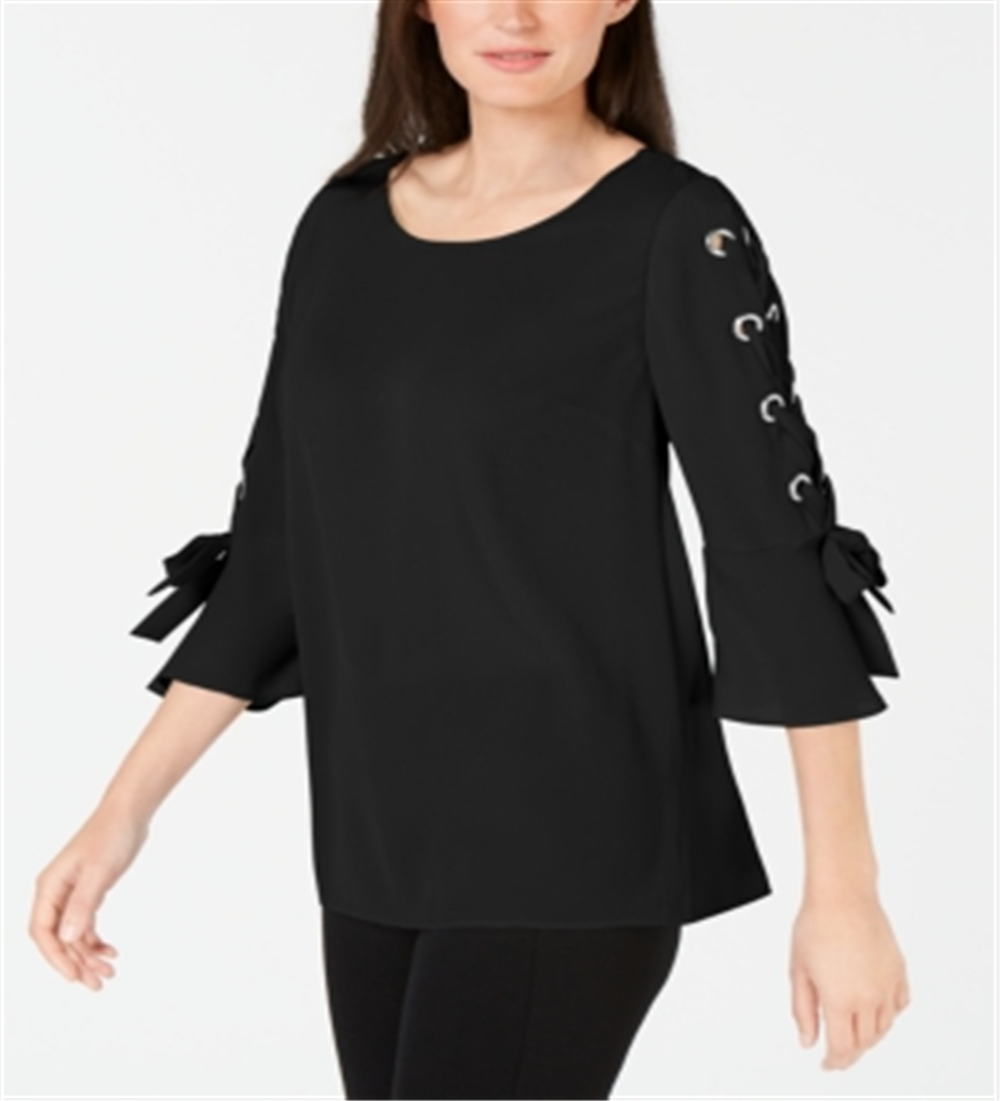 JM Collection Top Feminino com Renda e Mangas Longas, Preto, Tamanho Grande