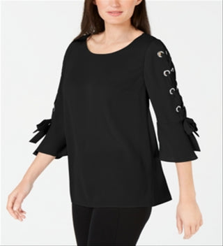 JM Collection Top Feminino com Renda e Mangas Longas, Preto, Tamanho Grande