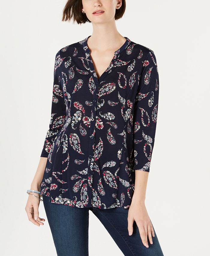 Camisa feminina com estampa Paisley Charter Club, azul, tamanho pequeno