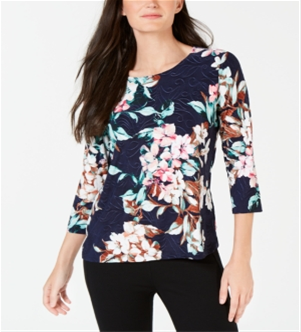 Blusa feminina estampada em jacquard, azul, tamanho extragrande, da coleção JM