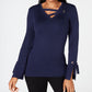 Top feminino com decote em V e acabamento em ilhós JM Collection, azul, tamanho grande
