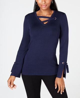 Top feminino com decote em V e acabamento em ilhós JM Collection, azul, tamanho grande