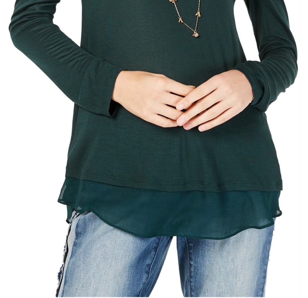 Camiseta básica feminina com acabamento transparente da INC International Concepts, verde, tamanho médio