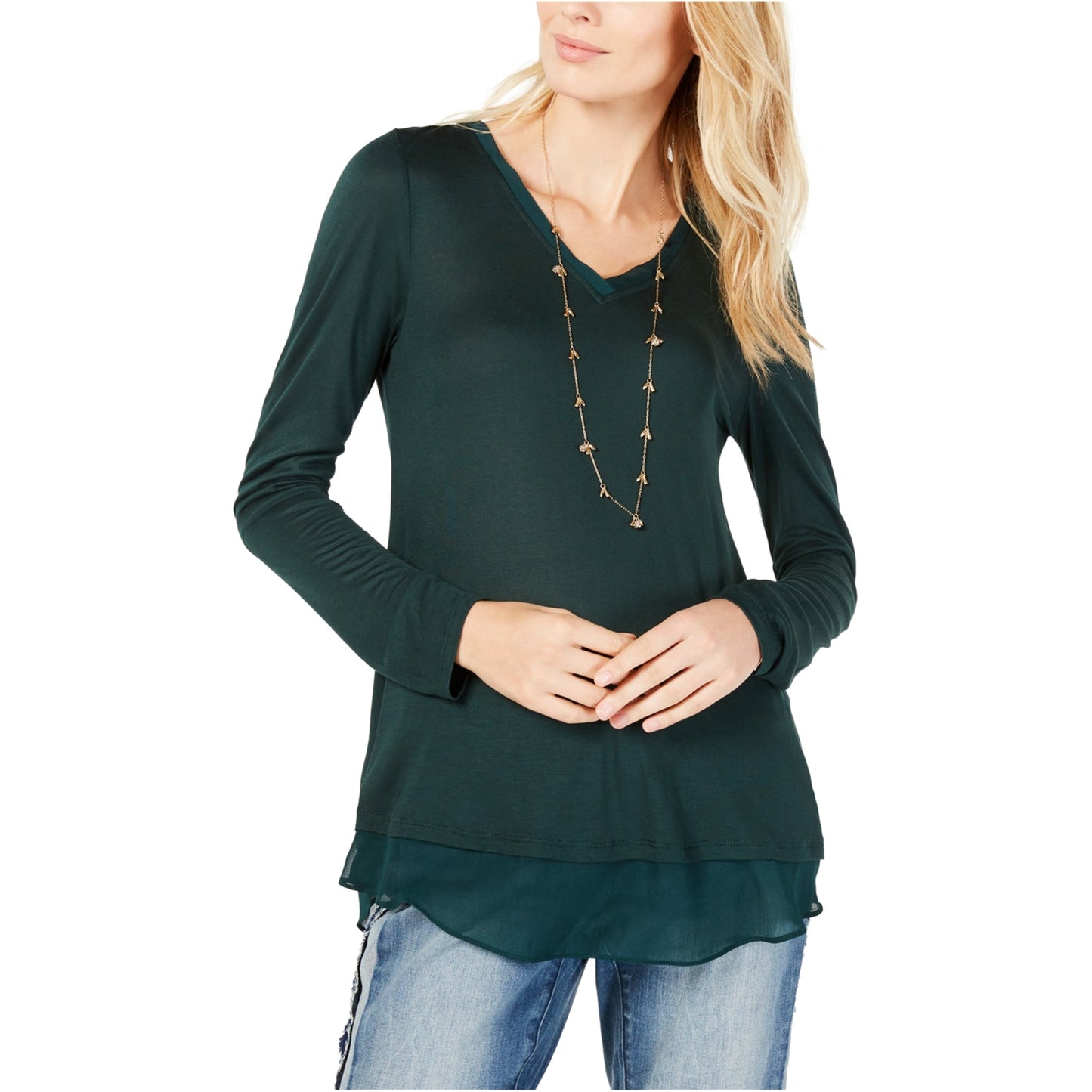 Camiseta básica feminina com acabamento transparente da INC International Concepts, verde, tamanho médio