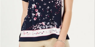 Camiseta feminina estampada de manga curta Charter Club, azul, tamanho médio