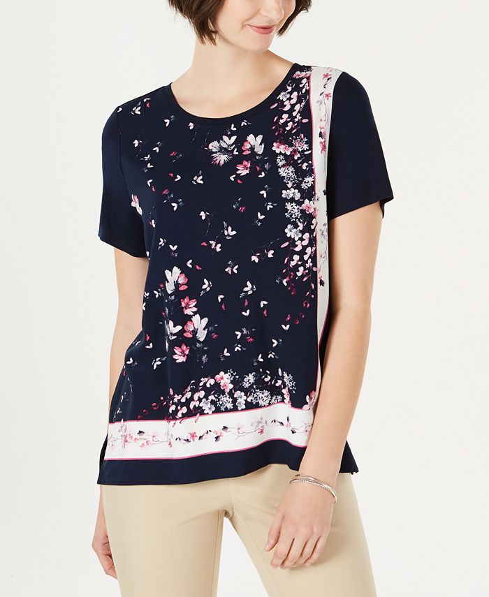 Camiseta feminina estampada de manga curta Charter Club, azul, tamanho grande