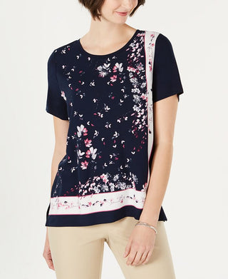 Camiseta feminina estampada de manga curta Charter Club, azul, tamanho grande