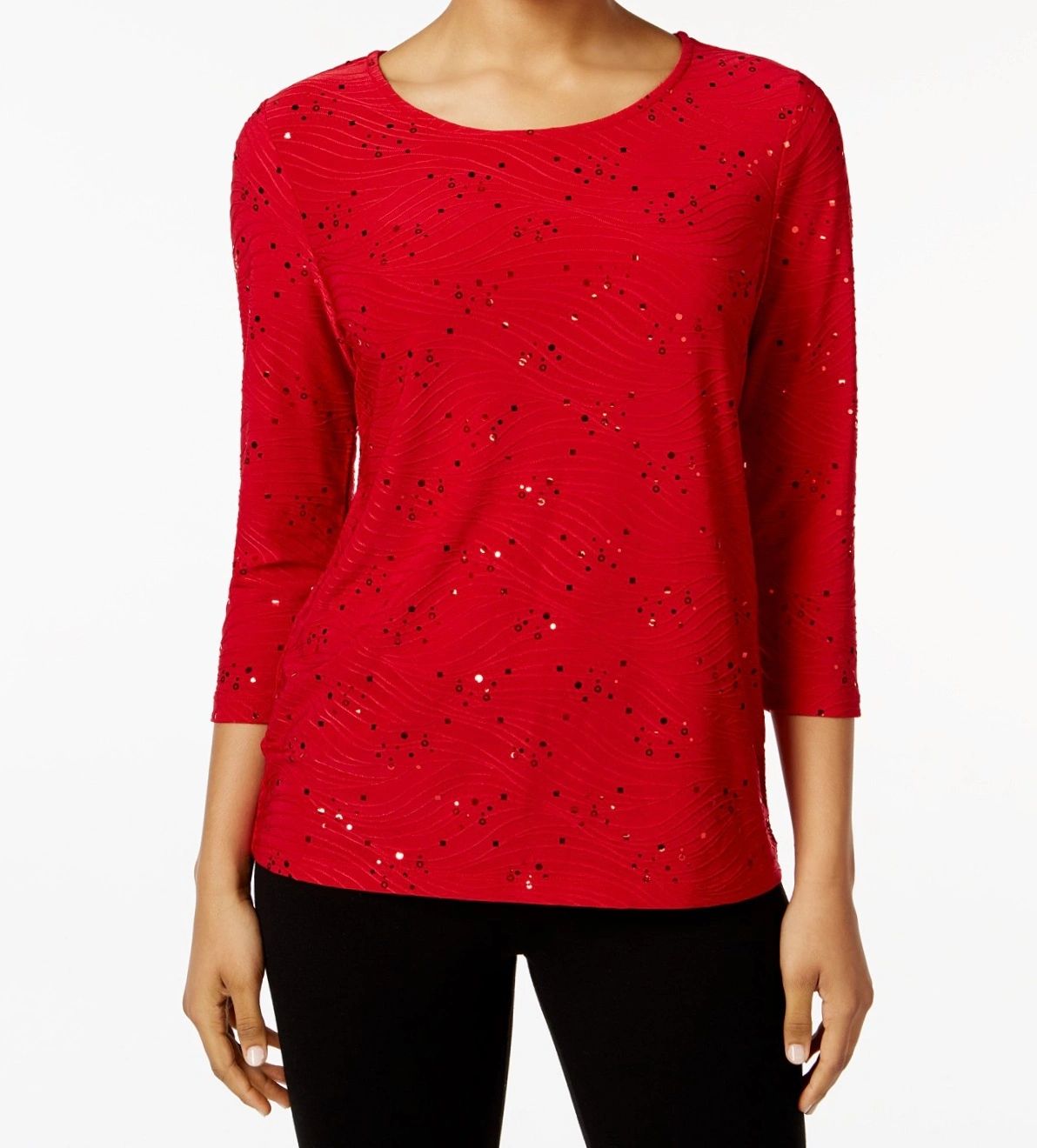 JM Collection Top jacquard feminino com detalhes em vermelho, tamanho pequeno e pequeno