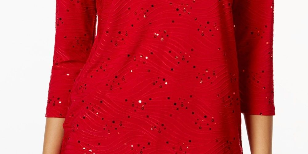 JM Collection Top jacquard feminino com detalhes em vermelho, tamanho pequeno e pequeno