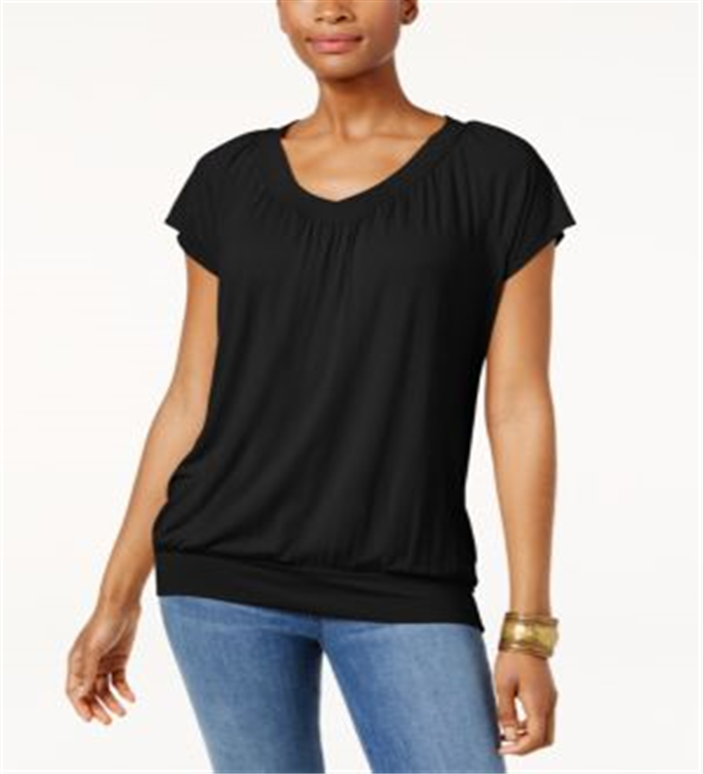 JM Collection Top Feminino Manga Curta Gola V Preto Tamanho P