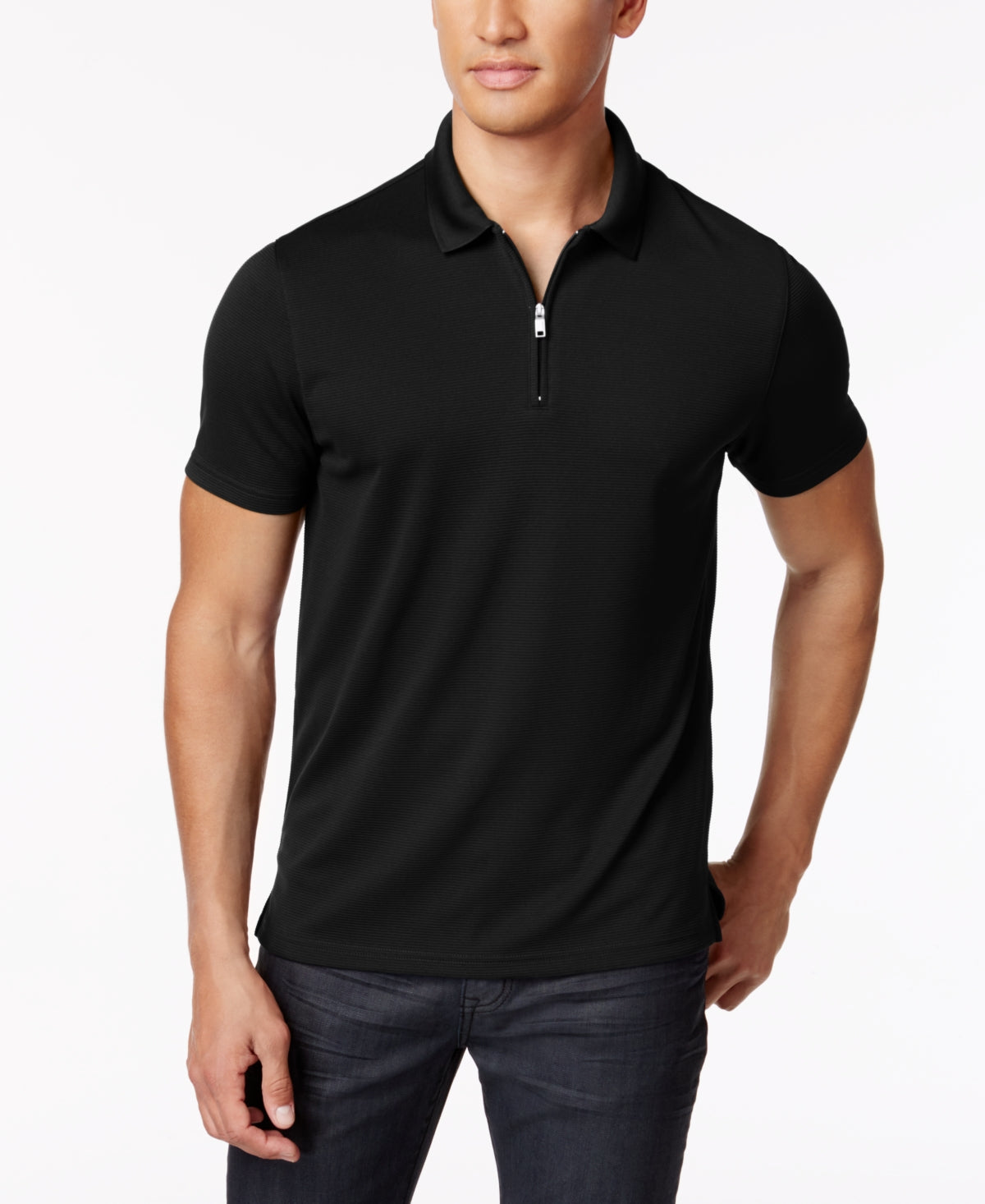 Camisa polo masculina Alfani Ottoman com zíper, preta, tamanho grande