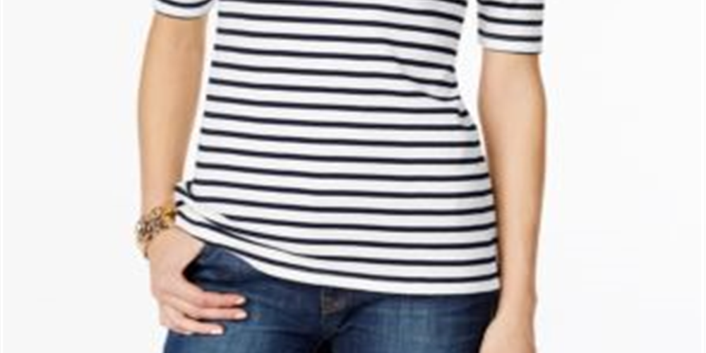 Charter Club Blusa feminina listrada de algodão com decote canoa, branca/azul, tamanho pequeno P/M