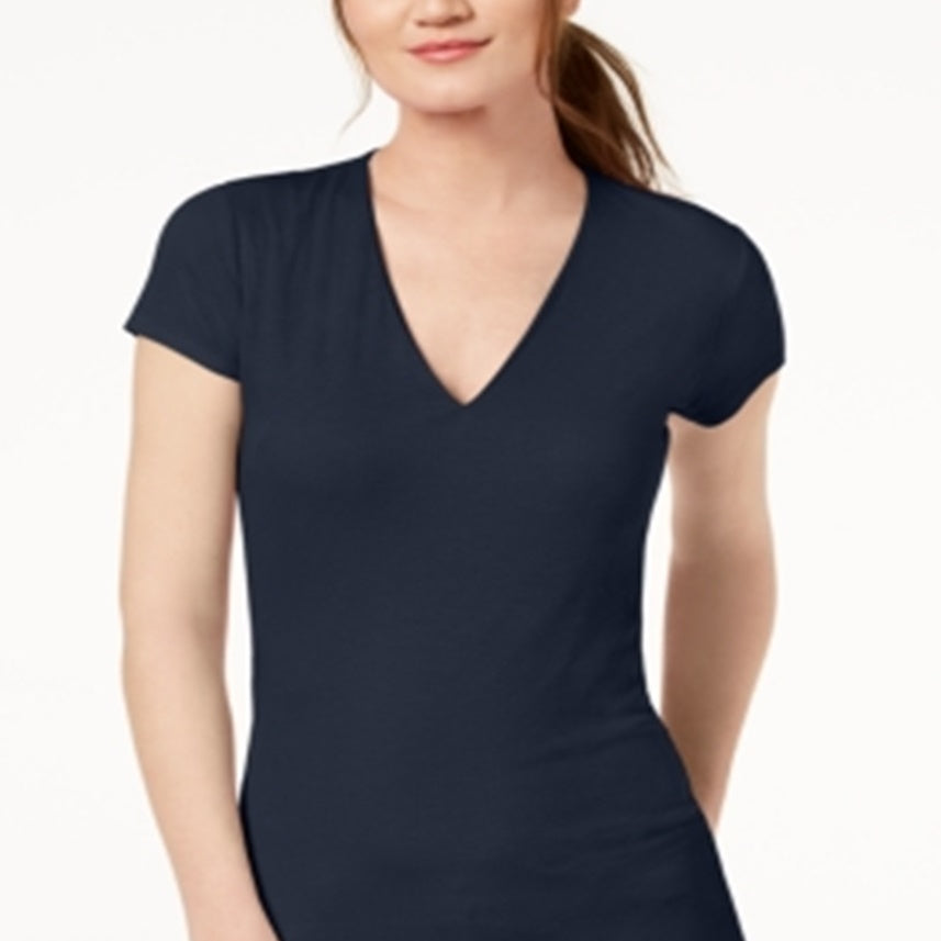 INC International Concepts Top feminino de manga curta com decote em V canelado, azul, tamanho X-S