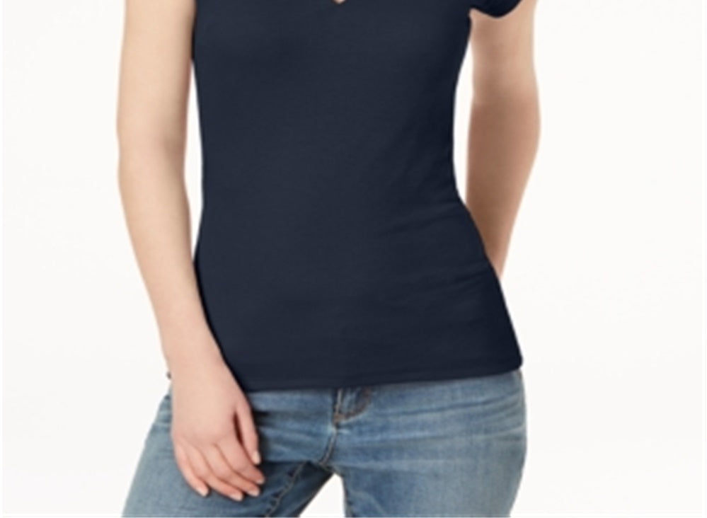 INC International Concepts Top feminino de manga curta com decote em V canelado, azul, tamanho X-S