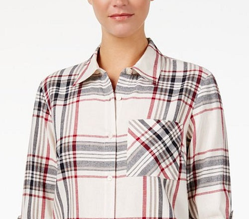 Camisa xadrez feminina Style &amp; Co com um bolso, preta, tamanho pequeno