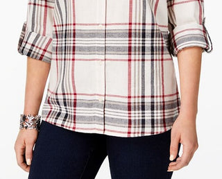 Camisa xadrez feminina Style &amp; Co com um bolso, preta, tamanho pequeno