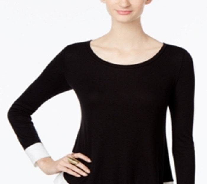 Blusa feminina de manga comprida e decote redondo da INC International Concepts, preta, tamanho X-S