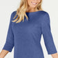 Karen Scott Blusa de malha feminina de algodão com decote canoa e manga 3/4, azul, tamanho X-S