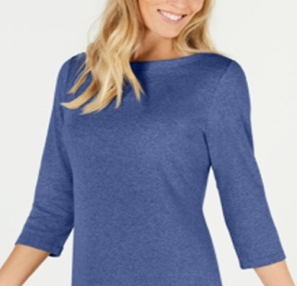 Karen Scott Blusa de malha feminina de algodão com decote canoa e manga 3/4, azul, tamanho X-S
