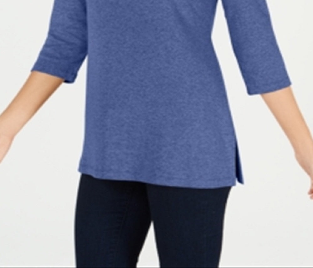 Karen Scott Blusa de malha feminina de algodão com decote canoa e manga 3/4, azul, tamanho X-S