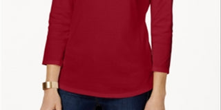 Charter Club Blusa feminina com decote canoa e botões, tamanho grande, vermelha