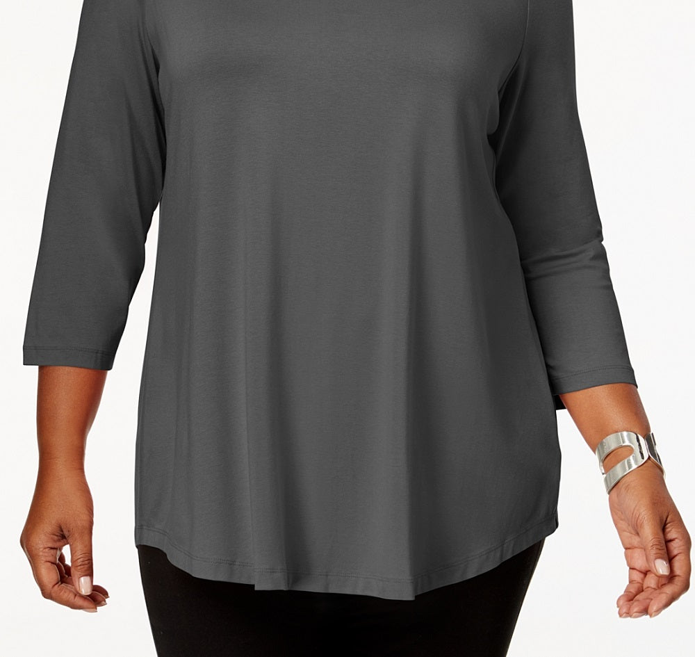 JM Collection Top feminino com decote redondo, cinza, tamanho 0X