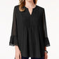 Charter Club Blusa Feminina com Babados Duplos e Estampa Pintuck, Preta, Tamanho Pequeno