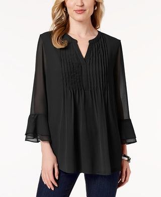 Charter Club Women's Double Ruffle Solid Pintuck Top Black Size Small