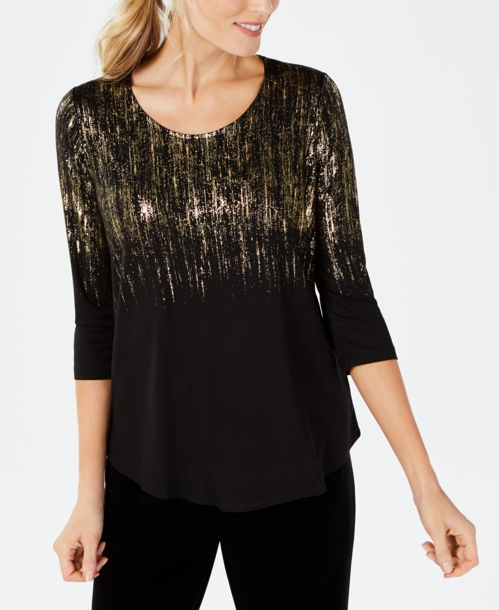 Blusa feminina plus size preta/dourada metálica tamanho 0X da coleção JM
